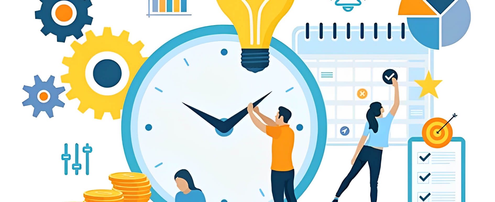 Clock, gears, calendar, and people managing time.
