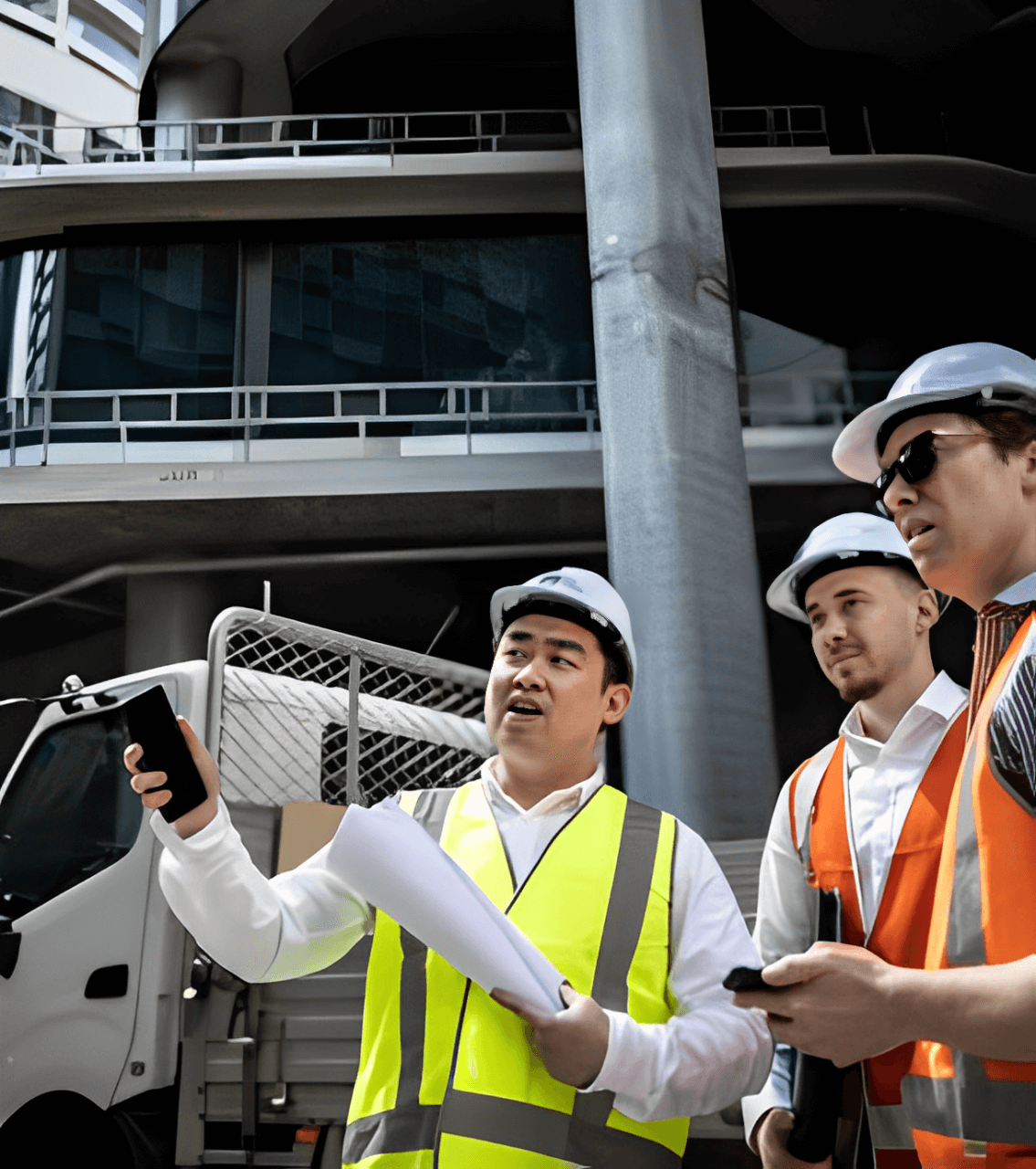 Construction workers discussing project at site.