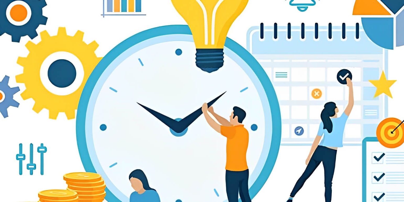 Clock, gears, calendar, and people managing time.