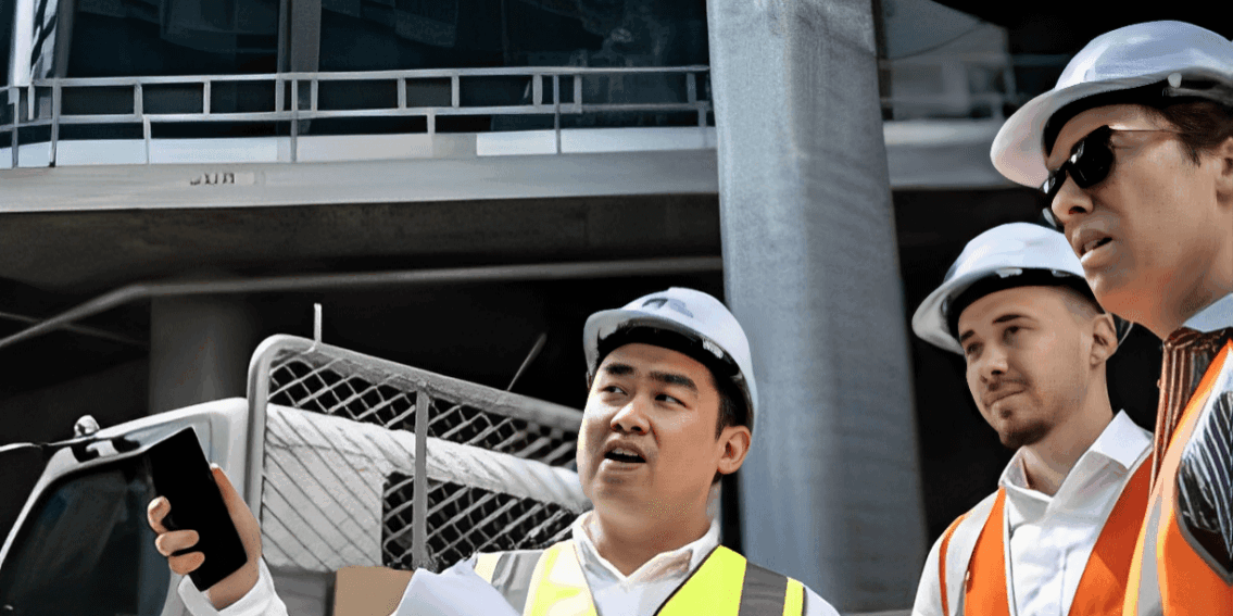 Construction workers discussing project at site.